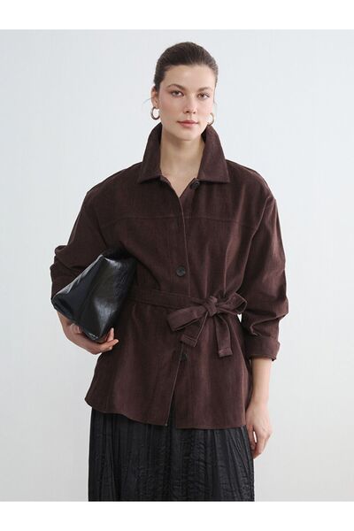 LC Waikiki Lcw Everyday Brown Shirt Collar Belted Women's Velvet Jacket