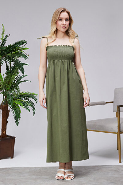 Modabenna Patterned Cotton Long Summer Dress with Straps, Shoulder Tie, Gathe...