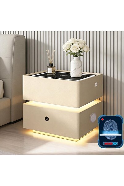 AUTOYSUR طاولة سرير ذكية مع قفل ببصمة الإصبع، شحن لاسلكي، منفذ USB، إضاءة LED