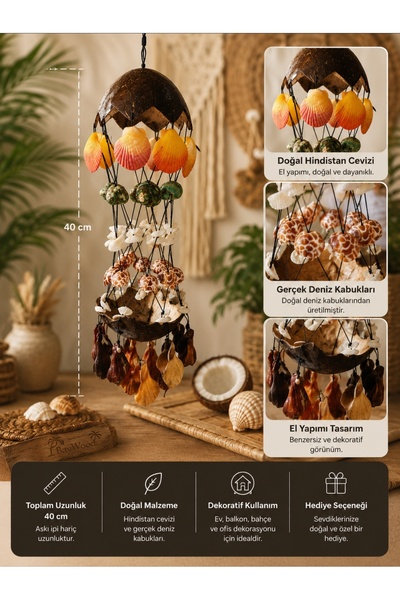 Seashell Double Coconut Wind Bell 40cm Handmade Balcony Garden Decor