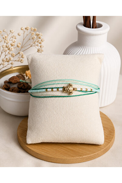 ANKA JEWELLRY Mint Green Multi-Strand Turtle Gold Detail Handmade Women's Bra...