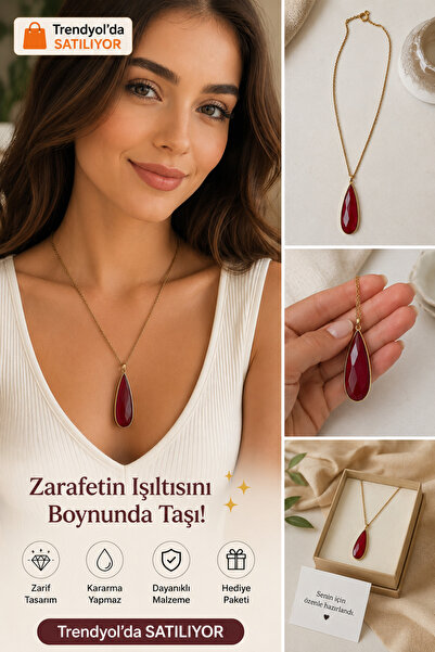 ELUNE İSTANBUL & Milano Damla Kesim Bordo Taşlı Gold Zincir Kolye