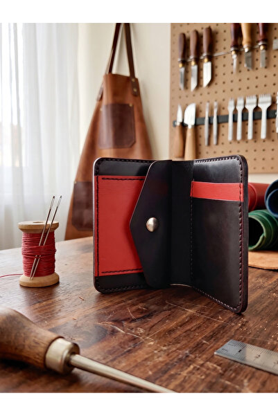 LUNA LUSTER Genuine Leather Multi-Compartment Minimalist Red Black Card Holde...