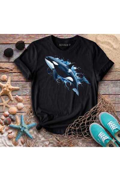 ScubaPromoTurkey Orka Family Visually Printed Black Cotton T-Shirt