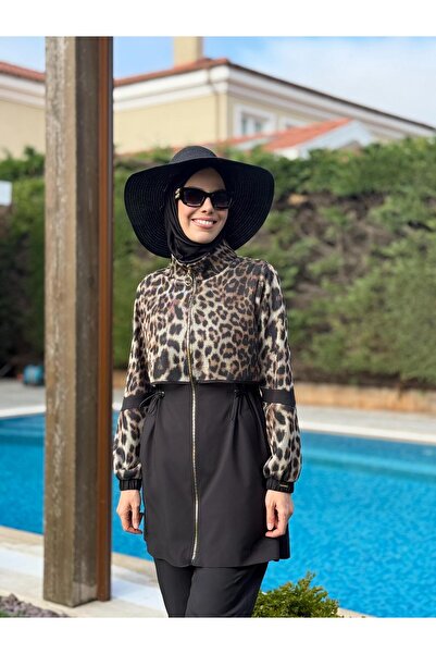 Moodbasic Leopar File Detaylı Tesettür Mayo - Siyah