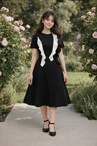 NAFASH Black Dress with Black and White Ruffles