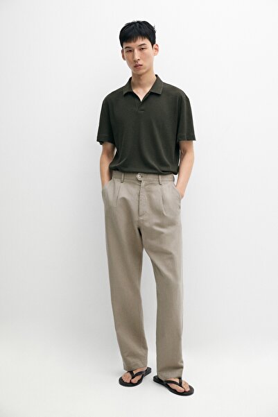 Massimo Dutti Kısa kollu keten pamuklu polo yaka t-shirt