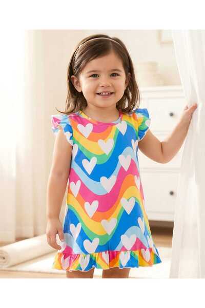 Babyhug Cotton Knit Frill Sleeves Nighty with Heart Print - Multicolor