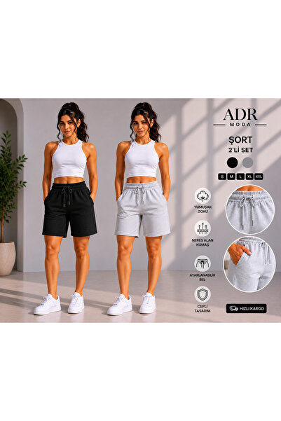 ADR MODA Basic Şort 2’li Set Siyah Gri Günlük Rahat Şort İç Göstermez