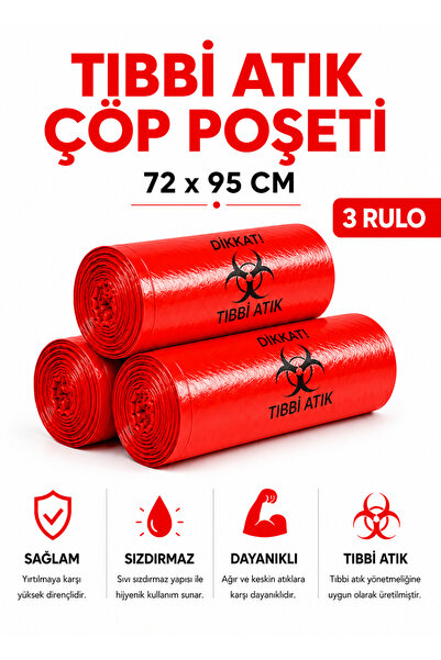MSE HOLD Tıbbi Atık Poşeti 72x95 3 Rulo 30 Adet Kırmızı Tıbbi Çöp Poşeti Sızd...