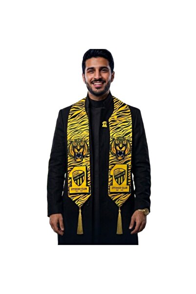 Generic وشاح مشجعين أنيق من الساتان الفاخر لنادي الاتحاد بتصميم النمر مع شعار النادي وشراشيب سوداء