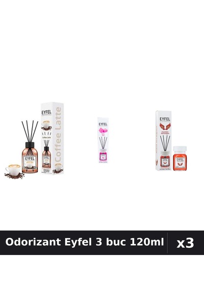 Eyfel Set 3 Odorizante Camera cu Betisoare 120ml - Cafea, Bubble Gum, Red Dragon