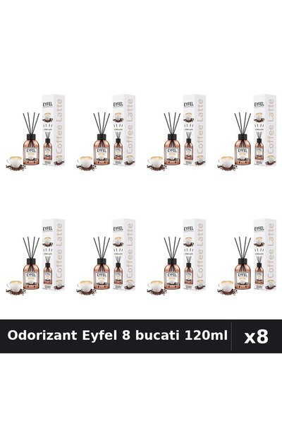 Eyfel Set 8 Odorizant Camera cu Betisoare - Aroma Cafea, Parfum Intens 120ml