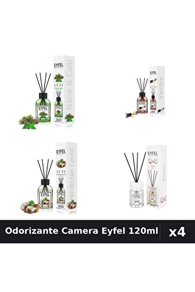 Eyfel Set 4 Odorizante Camera cu Betisoare 120ml - Pin Menta, Vanilie, Nuca C...