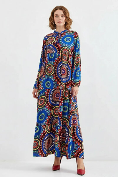 buğrahayalin Women's Lace-Up Collar Floral Patterned A.Saks Hijab Dress