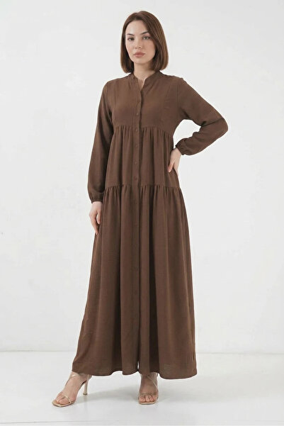 Şeker Portakalım Women's High Collar Gathered Waist Buttoned Brown Hijab Dress