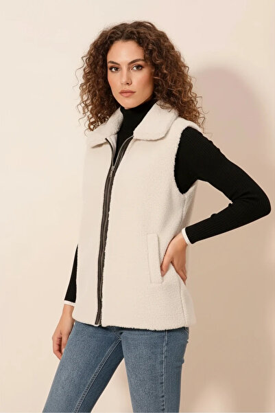 buğrahayalin Women's Shirt Collar Plush White Vest