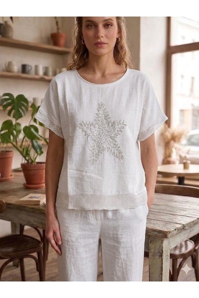 AYASOFYA OTANTIK Women's White Sequined Star Embroidered Oversize Loose-Fit 1...