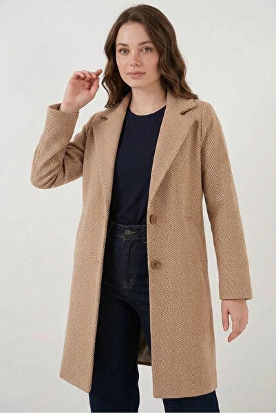 buğrahayalin Women's Classic Collar Fishback Striped Cashmere Camel Coat
