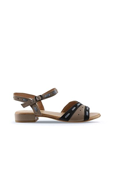 BUENO Shoes Siyah Gri Deri Kadın Topuklu Sandalet 01ws6102