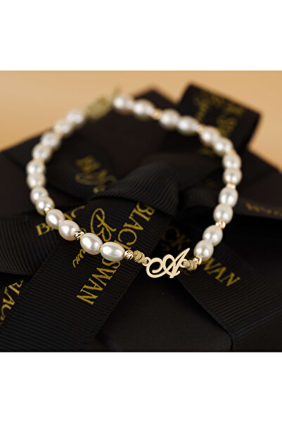 BLACK SWAN Bijoux Bratara din perle de cultura cu initiala nume Aur 14K si bi...