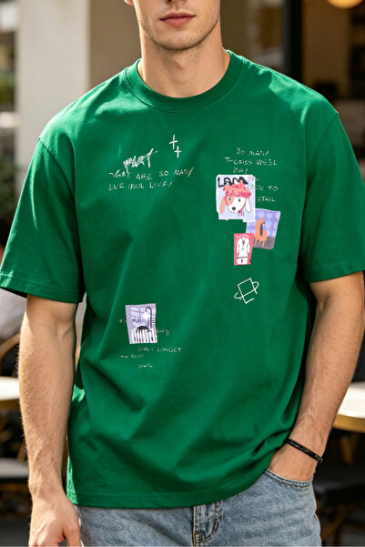 Fleck Casual Graphic T Shirts For Men With Cat And Lamb Cartoon Print And Han...