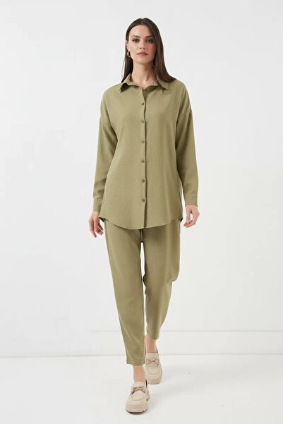 Generic Brand Women's Shirt Collar Linen Green Double Suit
