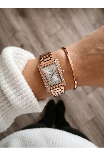 Ferrucci Roma Rakamlı Taş Detaylı Dikdörtgen Kasa Rose Gold Metal Kordon Kadı...