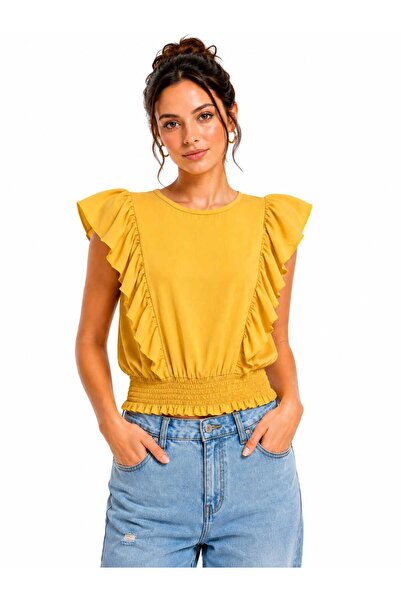 Biber Collection Kadın Fırfırlı Bisiklet Yaka Bel Lastikli Bluz