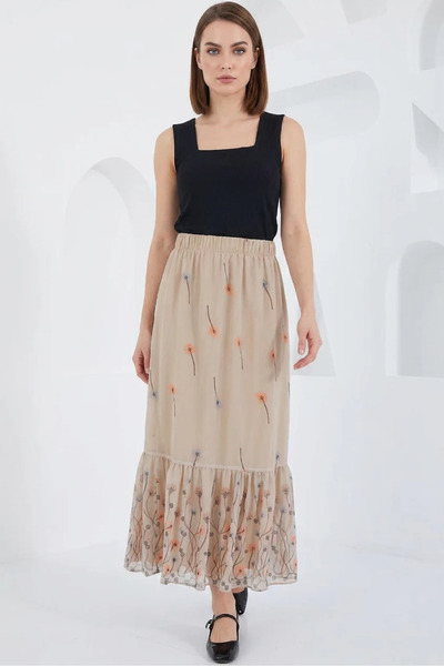 buğrahayalin Women's Floral Patterned Chiffon Cream Skirt