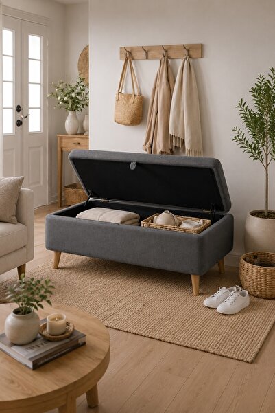PUFMANYA FİONA 90 CM LARGE SANDIKLI DOĞAL AHŞAP AYAKLI PELUŞ KUMAŞLI PUF BENC...