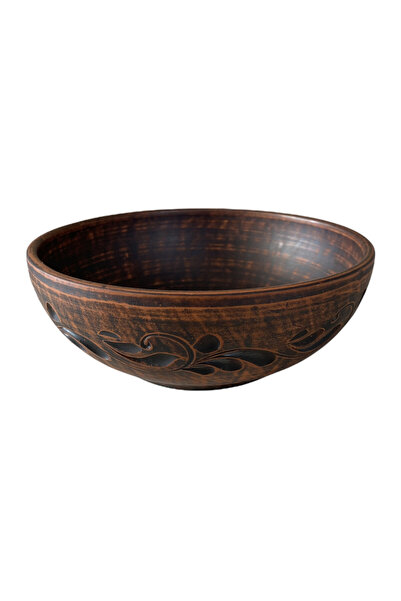 OEM Castron ceramic maro, lucrat manual, decor sculptat, 17 cm