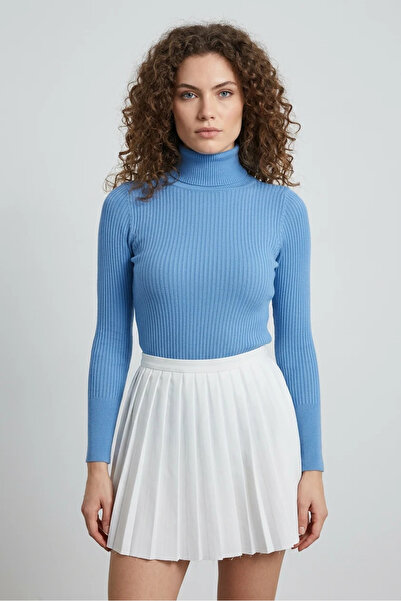 buğrahayalin Women's Turtleneck Fit-Cut Knitwear Blue Sweater
