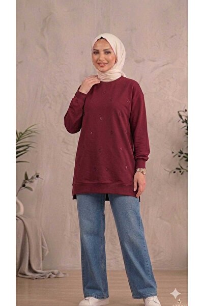 PEKA Women's Sequin Embroidered Crew Neck Sweatshirt with Side Slits - Tunic