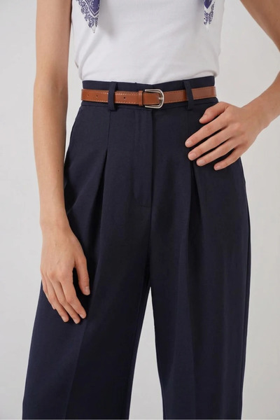 Generic Brand Women's High Waist Belted Wide Leg Navy Blue Palazzo Trousers