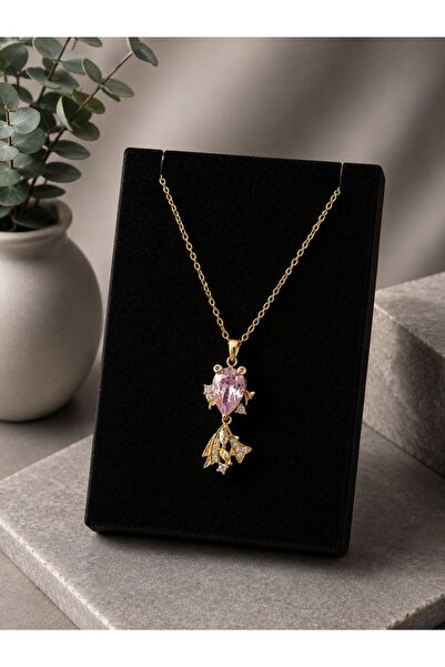VestaAurelia Pembe Taşlı Balık Figürlü Çelik Kadın Kolye Gold Renk Şans Balığ...