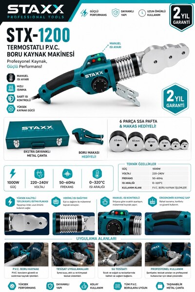 STAXX POWER Usta Serisi PVC Boru Kaynak Makinesi 1000W 20-63mm Tam Set Profes...