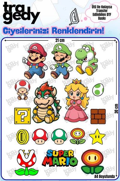 TRAGEDY A4 Size Iron-On Transfer for Fabric - Super Mario - 1 Design Dtf Prin...