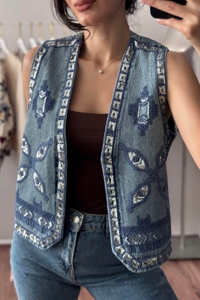ROYAL'S AURA Taş İşlemeli Denim Bohem Yelek