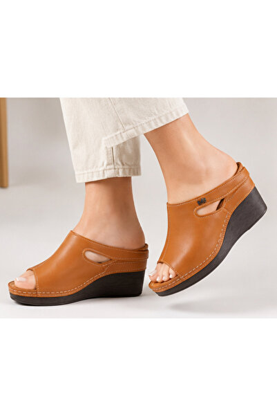 N Napa Shoe NP.1001.TABA.DERİ .Napa Shoe Hakiki Deri Dolgu Topuk Kadın Sandal...
