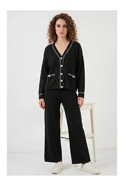 buğrahayalin Women's V-Neck Embroidered Knitwear Black Set