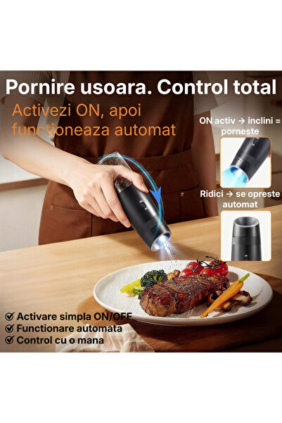 JUSTNET Set de râșnițe electrice pentru condimente și piper JustNet ® Încărcare USB-C cu bază dublă, 6 niveluri de șlefuire, LED