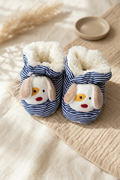 Babydonat Unisex Baby Navy Blue Striped Dog Figured Plush Inner Lined Soft Ho...