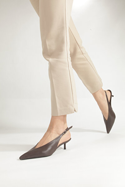 PİMORA Brown Leather Pointed Toe Open Back Low-Cut Buckle Detailed 4 cm Thin ...