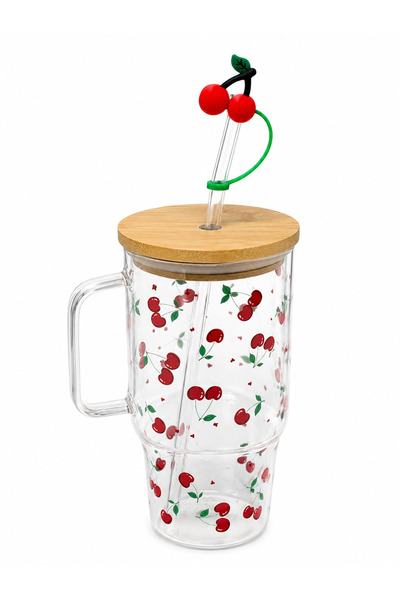 OEM Pahar cu Pai și Capac din Bambus 950 ml, Sticlă Borosilicată, Model Cireș...