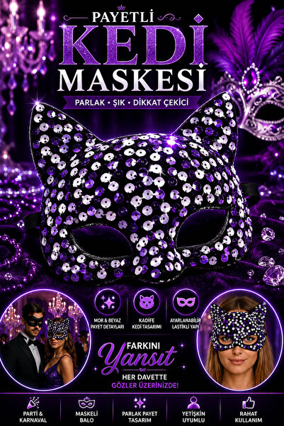 Tamsena Store Mor Beyaz Payetli Kedi Maskesi Kadife Parti Maskesi Karnaval Ba...