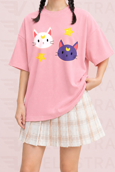 Velostra Women's Cute Black and White Cat Printed Oversize Crew Neck Cotton C...