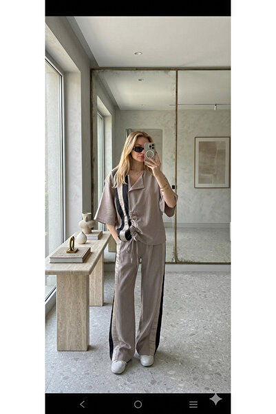 PINARKAYASTYLE Beige Premium Tencel Fabric Color-Blocked Striped Flowy Double...