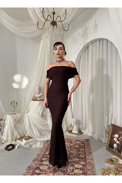 Caddebostan Moda Strapless Neckline Lace Detailed Long Evening Dress Graduati...