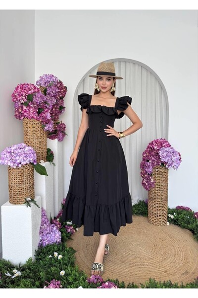 Caddebostan Moda Square Neck Ruffle Detailed Buttoned Midi Dress